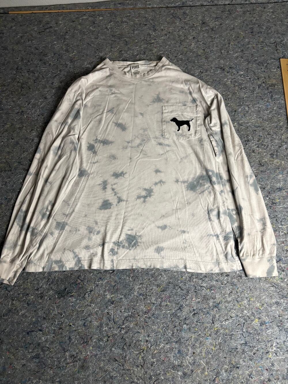 Pink Victorias Secret Womens Top Dog print Tie Dye Gray Long Sleeve Tshirt (M)